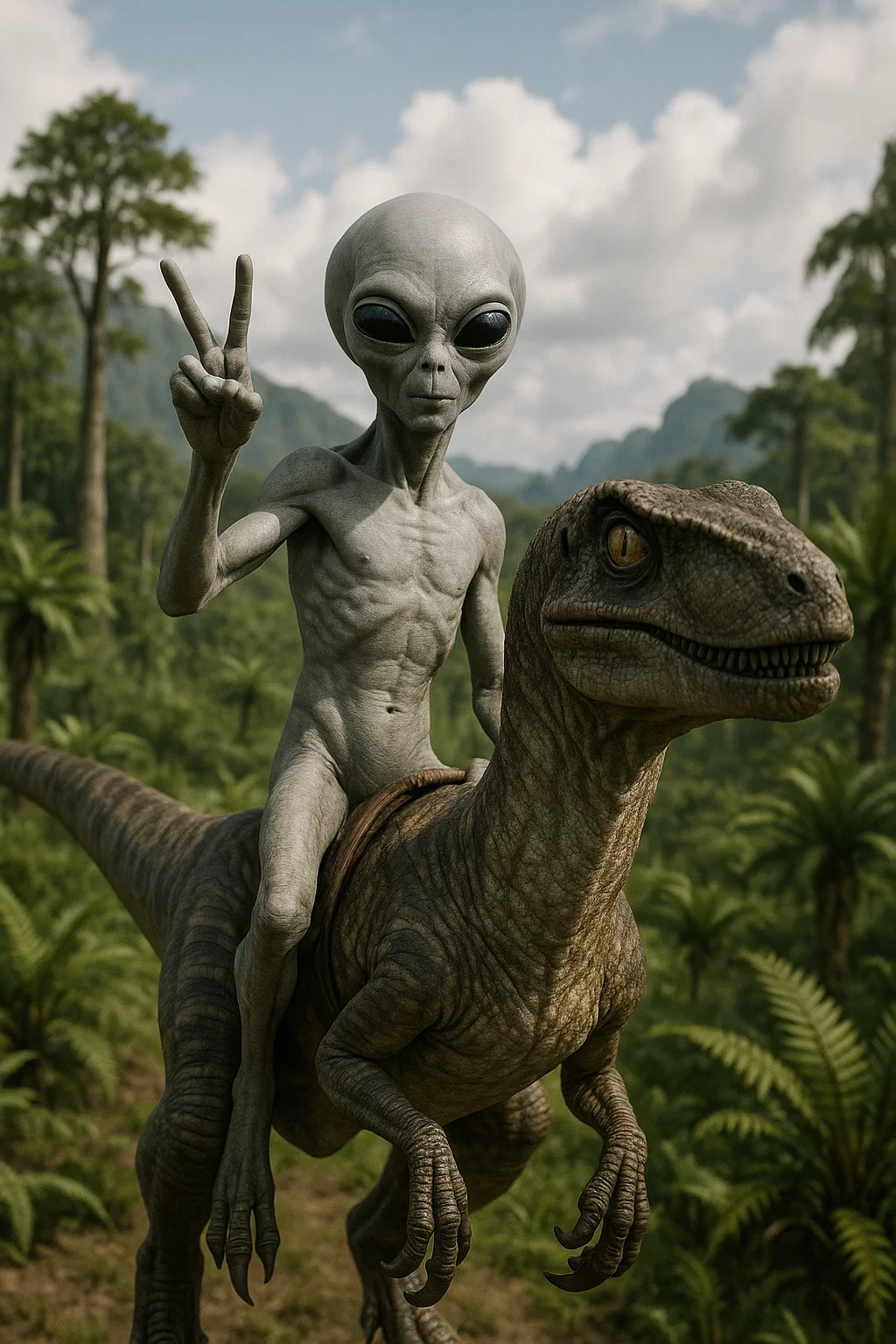 In the heart of a prehistoric jungle, a green flash tore through the sky. From the light emerged a slender figure with glowing blue eyes. The extraterrestrial placed its hand on a massive black raptor… which immediately knelt, as if recognizing an ancient, forgotten master.

In a silent leap, the being climbed onto its back.
The dinosaur let out a roar that shook the mountains.

Then, with a cosmic breath, the two of them raced through the forest, united by a secret from beyond the stars… and no one ever discovered what they were searching for. But those who witnessed them still swear that on that night, Earth had regained its true guardians.